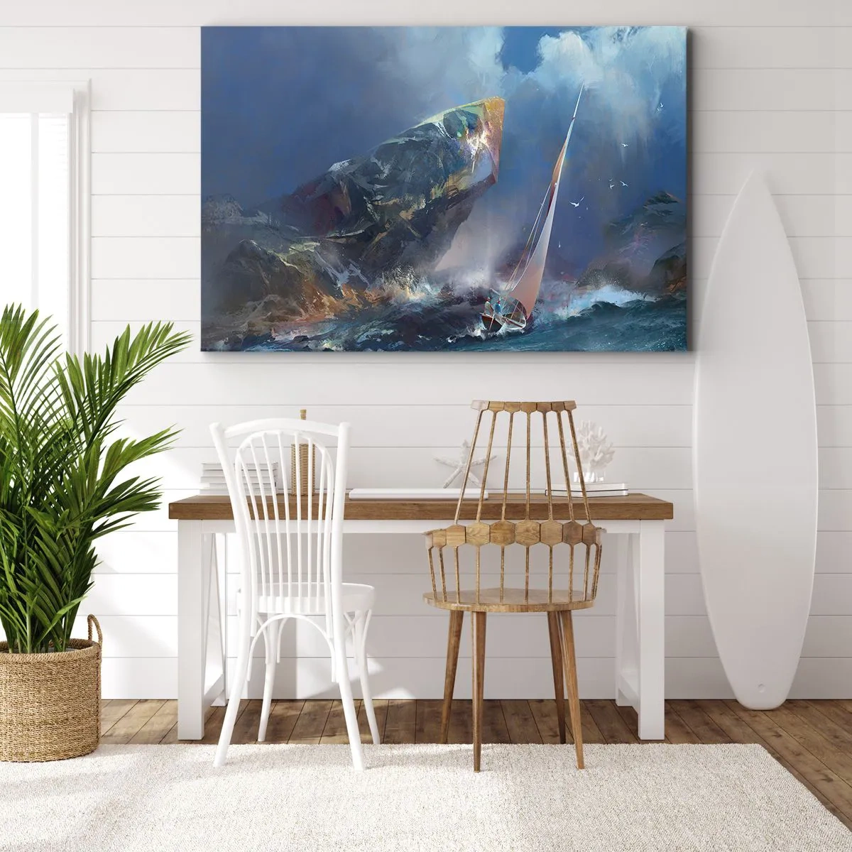 Cuadro sobre lienzo - Impresión de Imagen - Un velero en medio de una tormenta al pie de una enorme roca. - 100x70cm - La gloria es para los valientes - Decoración de pared moderna para salón y dormitorio ARTTOR