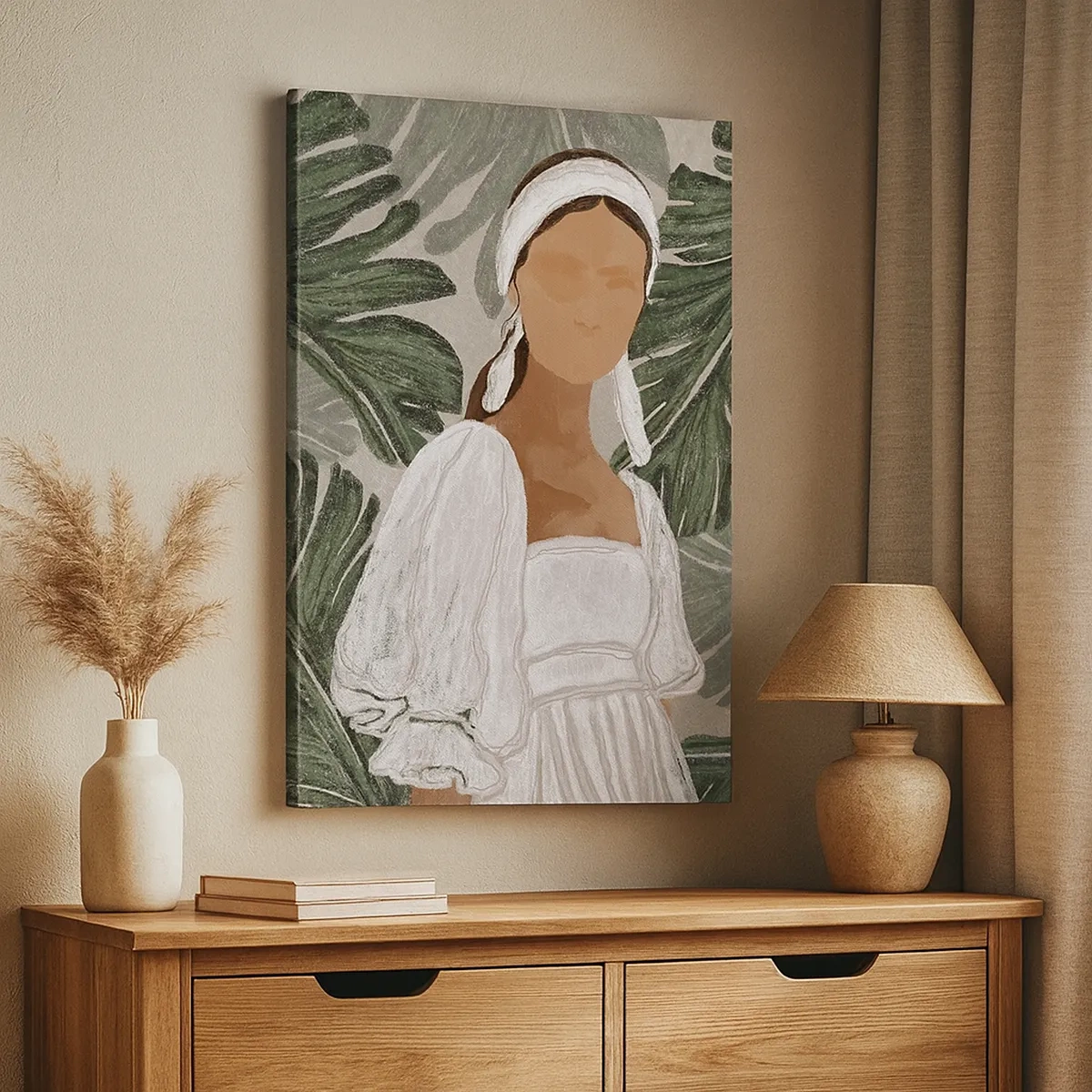 Cuadro sobre lienzo - Impresión de Imagen - Retrato de una mujer con un vestido blanco sobre un fondo de hojas de monstera. - 50x70cm - Retrato exótico - Decoración de pared moderna para salón y dormitorio ARTTOR