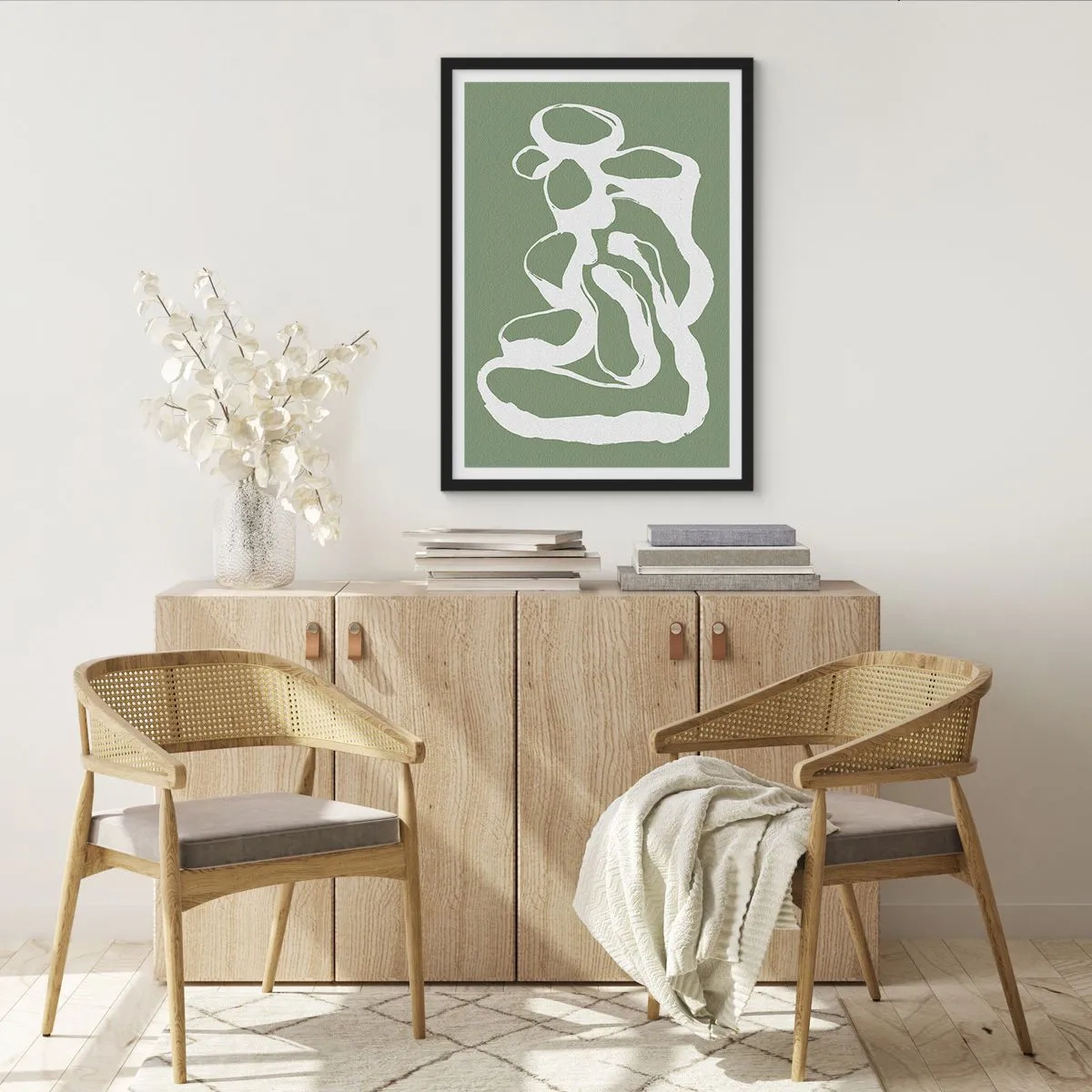 Póster en marco negro - Composición abstracta blanca sobre fondo verde - 50x70cm - La llamada del espacio - Decoración de pared moderna para salón y dormitorio ARTTOR