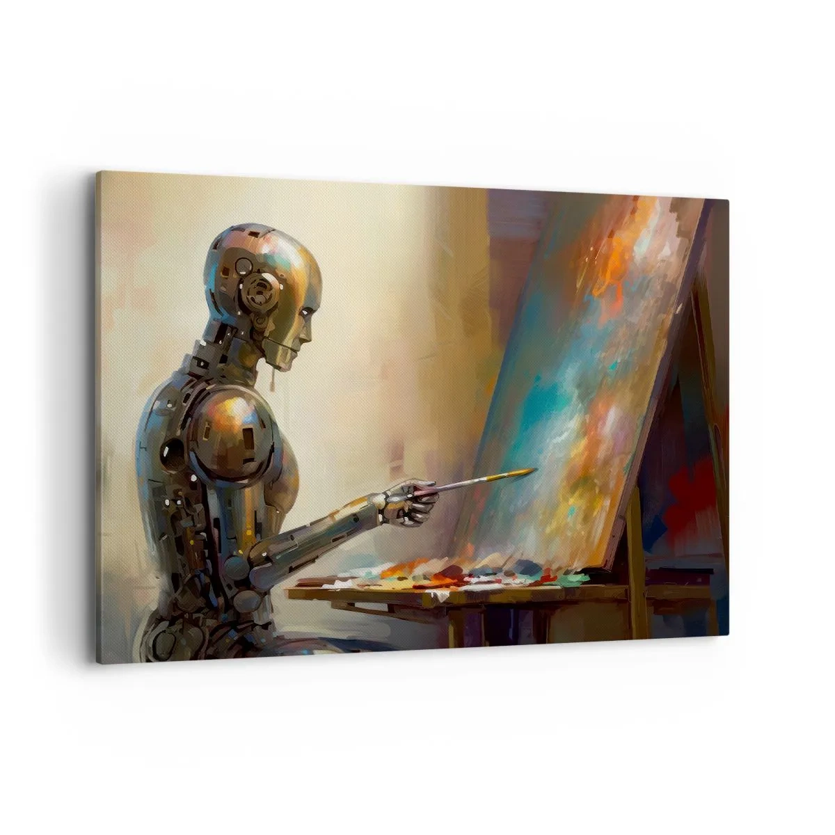 Cuadro sobre lienzo - Impresión de Imagen - Un robot pintando sobre un lienzo con un estilo artístico. - 100x70cm - Arte del futuro - Decoración de pared moderna para salón y dormitorio ARTTOR