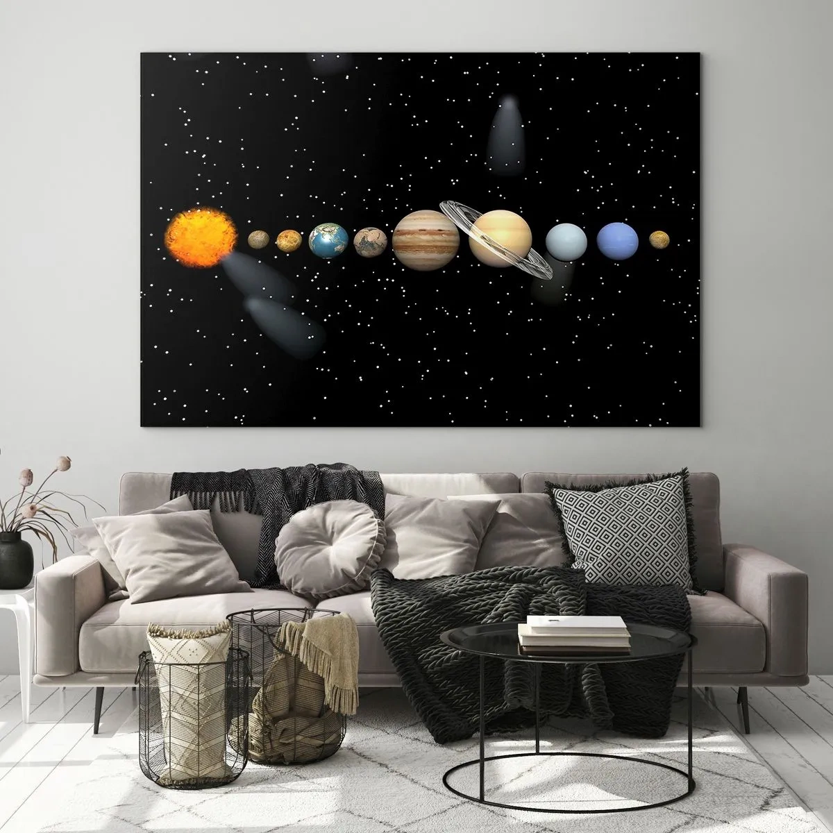 Cuadro sobre vidrio - Impresiones sobre Vidrio - El Sistema Solar contra el fondo de las estrellas en el espacio. - 100x70cm - Los planetas en armonía - Decoración de pared moderna para salón y dormitorio ARTTOR