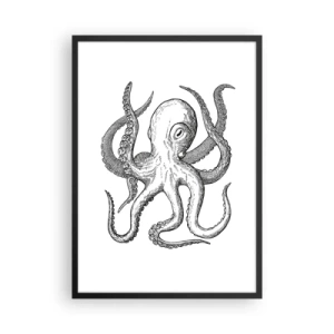 Póster en marco negro - Ilustración vintage de pulpo en blanco y negro - 50x70cm - Bailando con olas - Decoración de pared moderna para salón y dormitorio ARTTOR