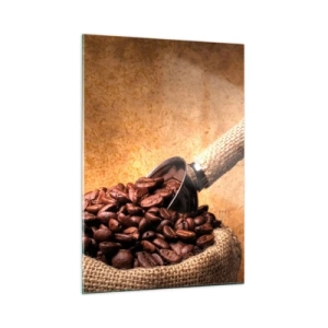 Cuadro sobre vidrio - Impresiones sobre Vidrio - Granos de café en una bolsa de yute con una cuchara de metal. - 50x70cm - En la fuente del sabor - Decoración de pared moderna para salón y dormitorio ARTTOR