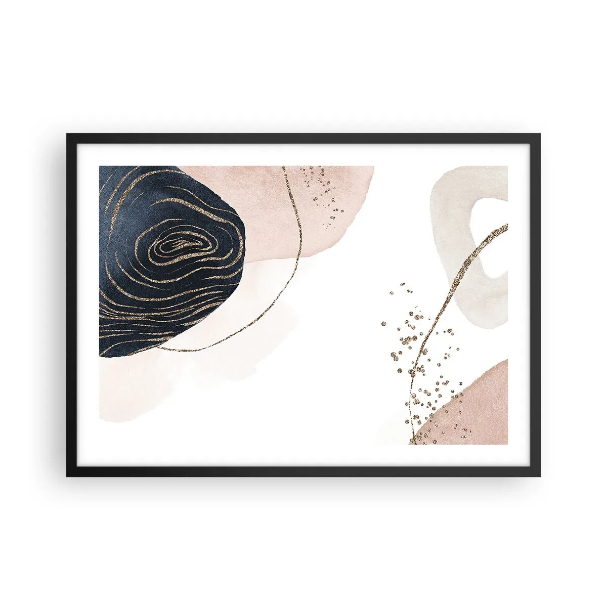 Póster en marco negro - Formas abstractas en tonos beige y azul marino con detalles dorados. - 70x50cm - Todo fluye - Decoración de pared moderna para salón y dormitorio ARTTOR