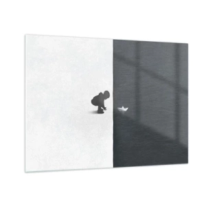 Cuadro sobre vidrio - Impresiones sobre Vidrio - Silueta de un niño lanzando un barquito de papel al agua - 70x50cm - Una gran expedición náutica - Decoración de pared moderna para salón y dormitorio ARTTOR