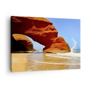 Cuadro sobre lienzo - Impresión de Imagen - Un arco de roca natural en una playa con cielos azules y olas. - 70x50cm - El agua y el viento a través de miles de años - Decoración de pared moderna para salón y dormitorio ARTTOR