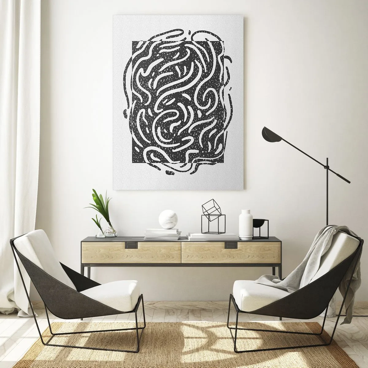 Cuadro sobre vidrio - Impresiones sobre Vidrio - Abstracción en blanco y negro en estilo geométrico. - 80x120cm - Abstracción: una danza de alegría - Decoración de pared moderna para salón y dormitorio ARTTOR