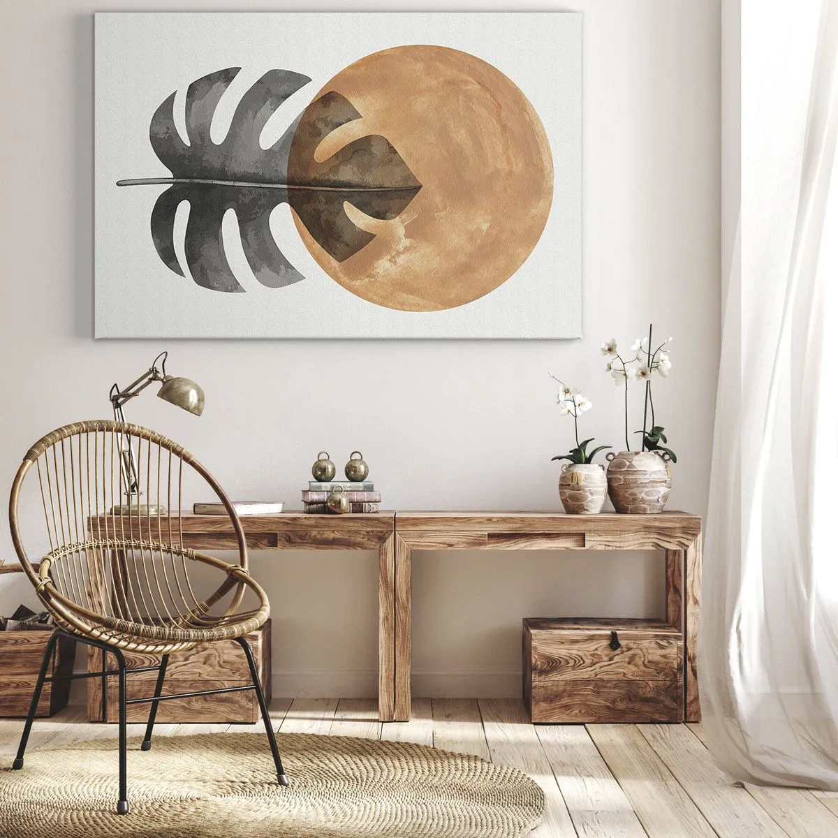 Cuadro sobre lienzo - Impresión de Imagen - Hoja de monstera y círculo dorado sobre un fondo claro - 70x50cm - Siempre el sol - Decoración de pared moderna para salón y dormitorio ARTTOR