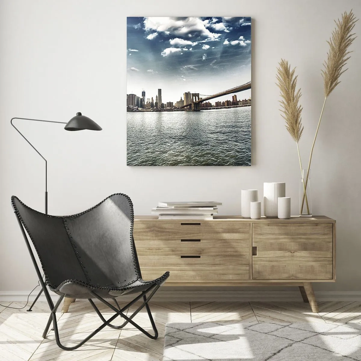 Cuadro sobre vidrio - Impresiones sobre Vidrio - Panorama de la ciudad con un puente contra el cielo azul. - 70x100cm - Isla de cristal - Decoración de pared moderna para salón y dormitorio ARTTOR
