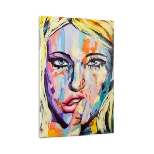 Cuadro sobre vidrio - Impresiones sobre Vidrio - Retrato colorido de una mujer en estilo abstracto. - 80x120cm - Mírala a los ojos - Decoración de pared moderna para salón y dormitorio ARTTOR