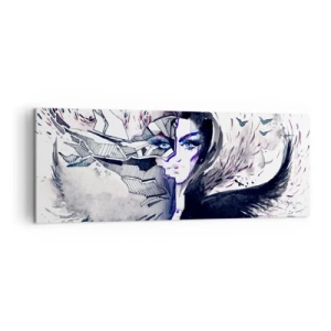 Cuadro sobre lienzo - Impresión de Imagen - Rostro abstracto con elementos contrastantes y motivo de ala. - 140x50cm - Demoníaca y hermosa - Decoración de pared moderna para salón y dormitorio ARTTOR