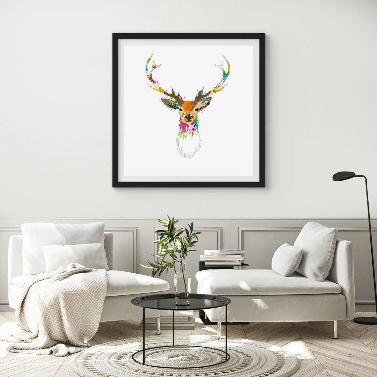 Póster en marco negro - Un suave ciervo bañado en color - 40x40 cm