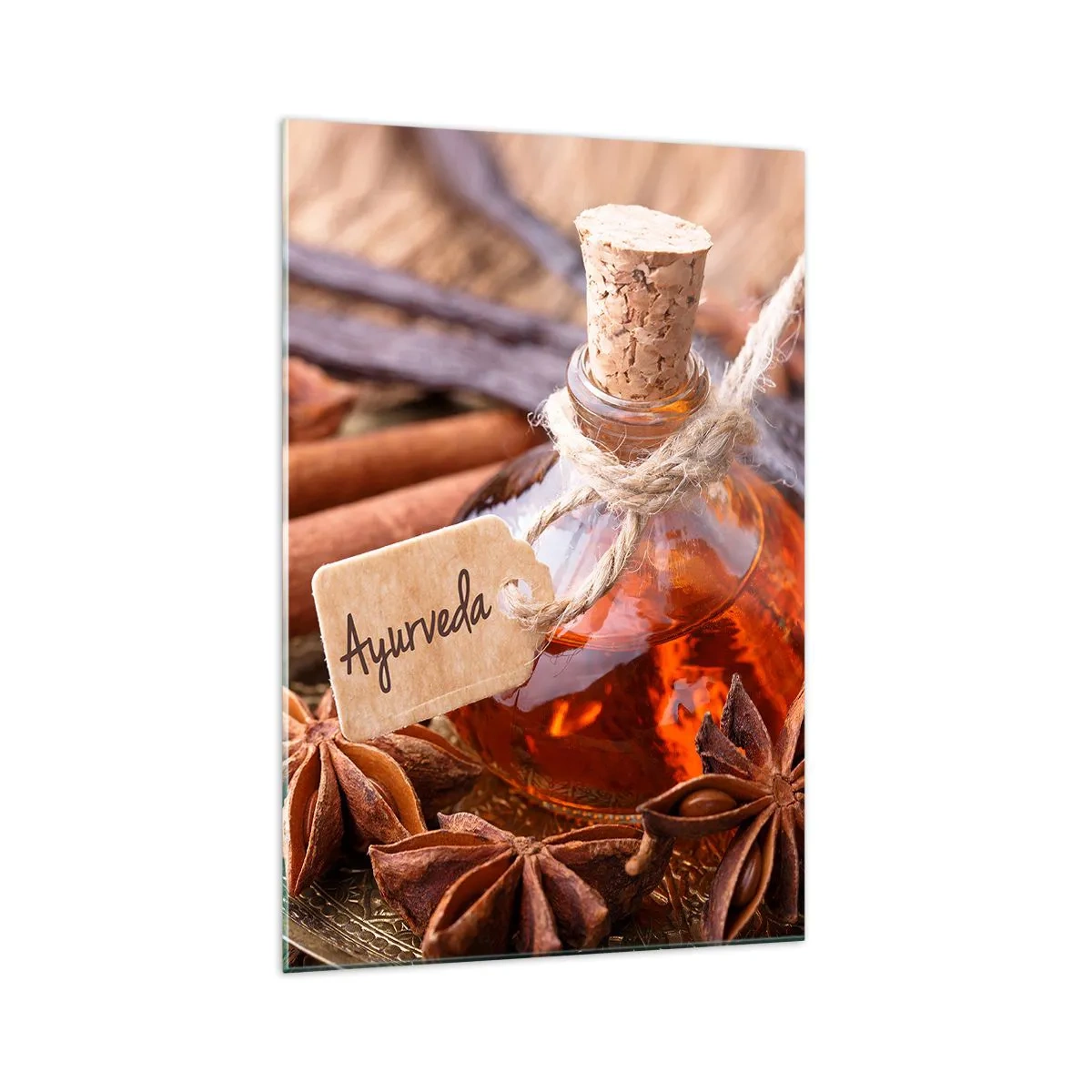 Cuadro sobre vidrio - Impresiones sobre Vidrio - Una botella de aceite de especias en una bandeja. - 70x100cm - Hacia la unidad del cuerpo y el espíritu - Decoración de pared moderna para salón y dormitorio ARTTOR