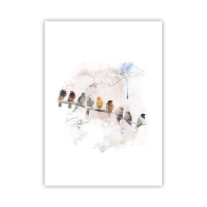 Póster - Pájaros posados en una rama en estilo acuarela. - 50x70cm - Reunión alada - Decoración de pared moderna para salón y dormitorio ARTTOR