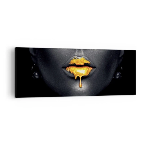 Cuadro sobre lienzo - Impresión de Imagen - Retrato en negro y dorado de una mujer con una gota de oro en los labios. - 140x50cm - Labios de oro - Decoración de pared moderna para salón y dormitorio ARTTOR