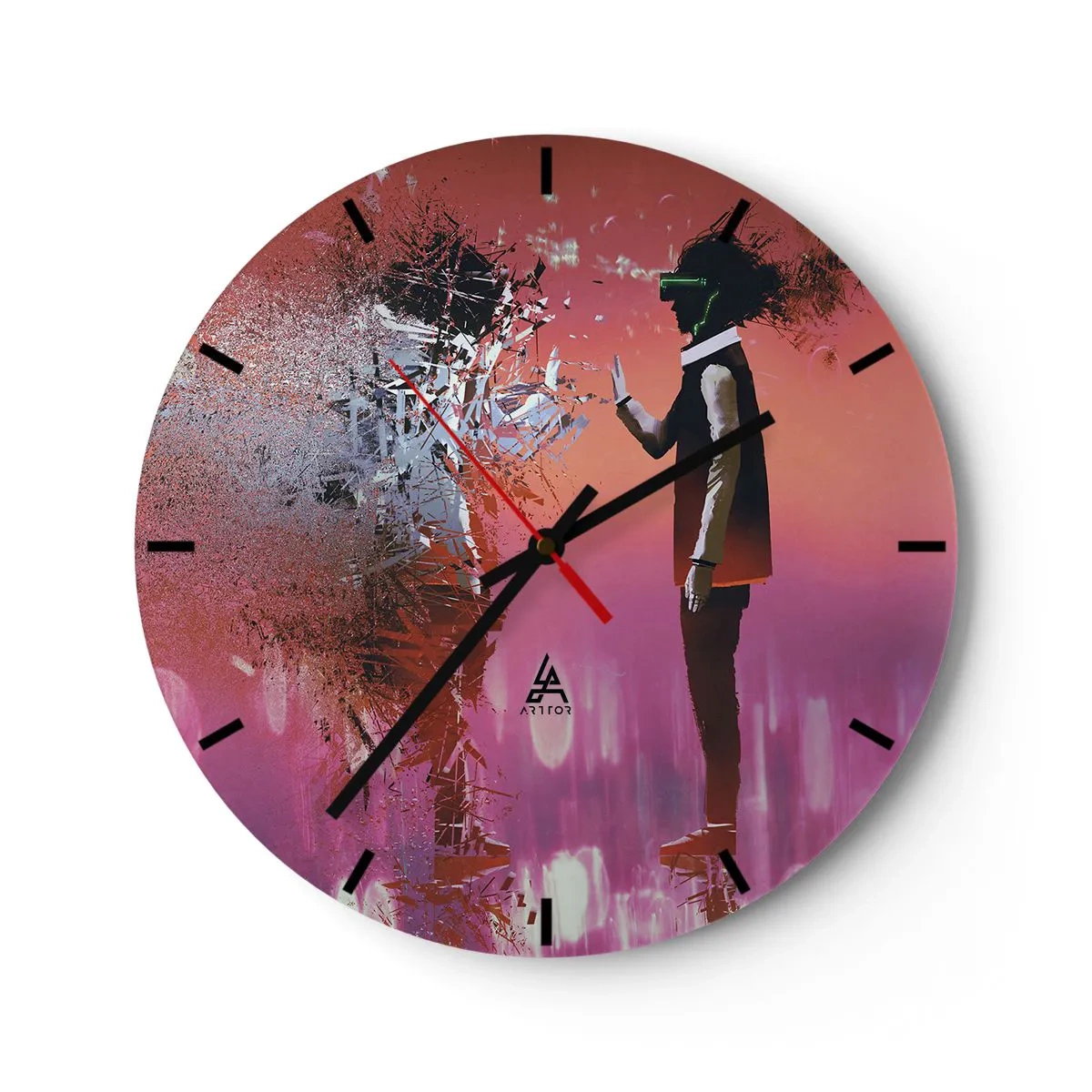 Reloj de pared - Reloj de vidrio - Un personaje con gafas de realidad virtual en un mundo futurista y rosa. - 30x30cm - ¿Es posible mirar dentro de uno mismo? - Decoración de pared moderna para salón, cocina y dormitorio ARTTOR