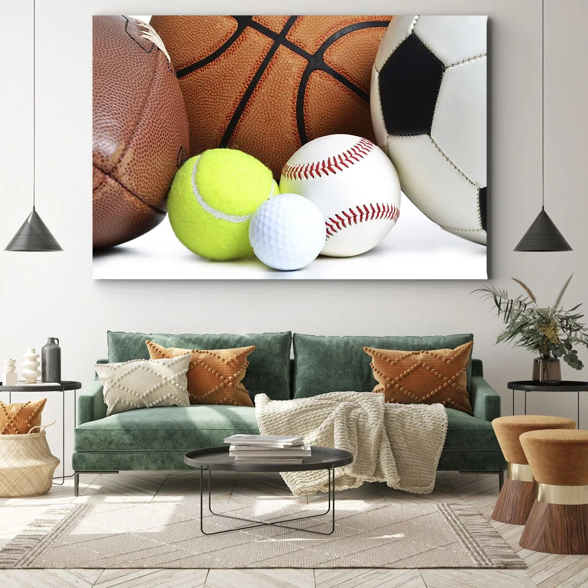 Cuadro sobre lienzo - Impresión de Imagen - Balones de diversas disciplinas deportivas - 120x80cm - Unidos por el deporte - Decoración de pared moderna para salón y dormitorio ARTTOR