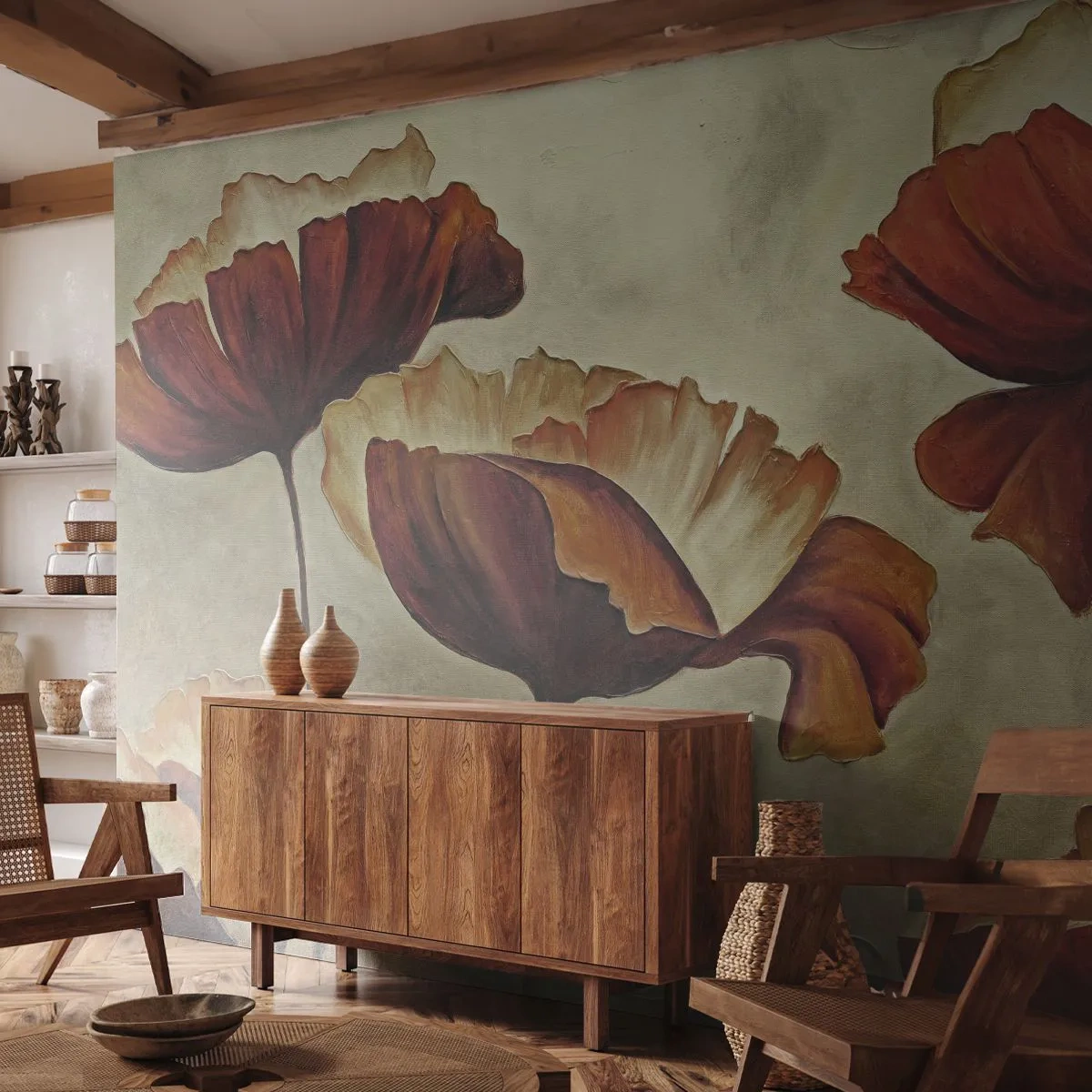 Fotomural Premium Sand - Flores de amapola pictóricas en cálidos tonos marrones. - 100x70cm - Prado de prados - Decoración de pared moderna para salón y dormitorio ARTTOR
