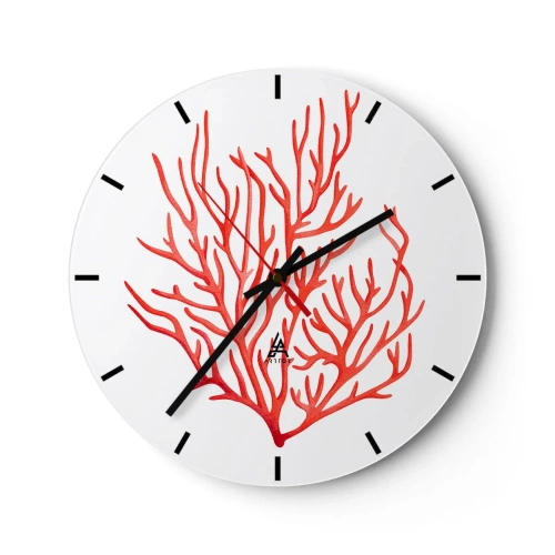 Reloj de pared - Reloj de vidrio - Dibujo rojo de coral sobre fondo blanco. - 30x30cm - Filigrana de coral - Decoración de pared moderna para salón, cocina y dormitorio ARTTOR