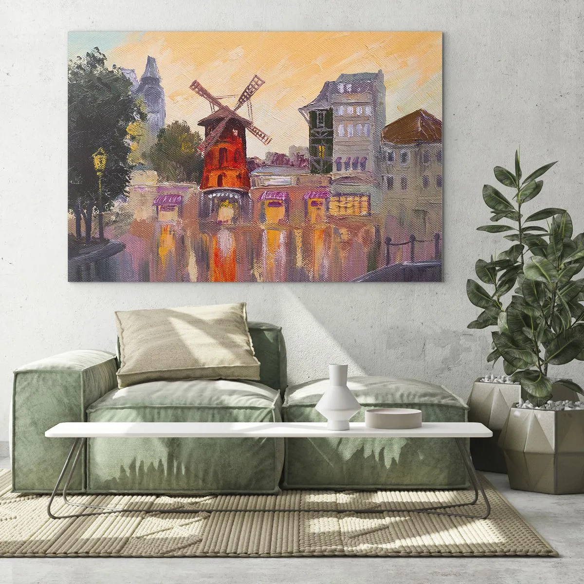 Cuadro sobre vidrio - Impresiones sobre Vidrio - El molino rojo del Moulin Rouge entre las casas de vecindad parisinas - 70x50cm - Iconos parisinos - Moulin Rouge - Decoración de pared moderna para salón y dormitorio ARTTOR