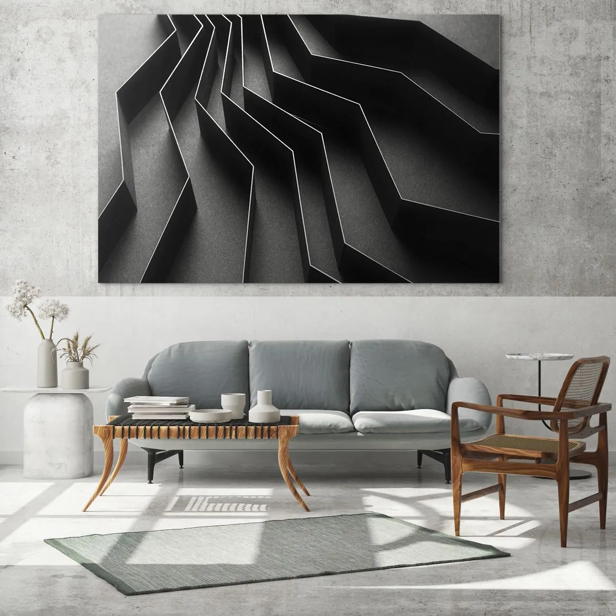 Cuadro sobre vidrio - Impresiones sobre Vidrio - Formas geométricas negras con profundidad y claroscuro. - 100x70cm - Orden espacial - Decoración de pared moderna para salón y dormitorio ARTTOR
