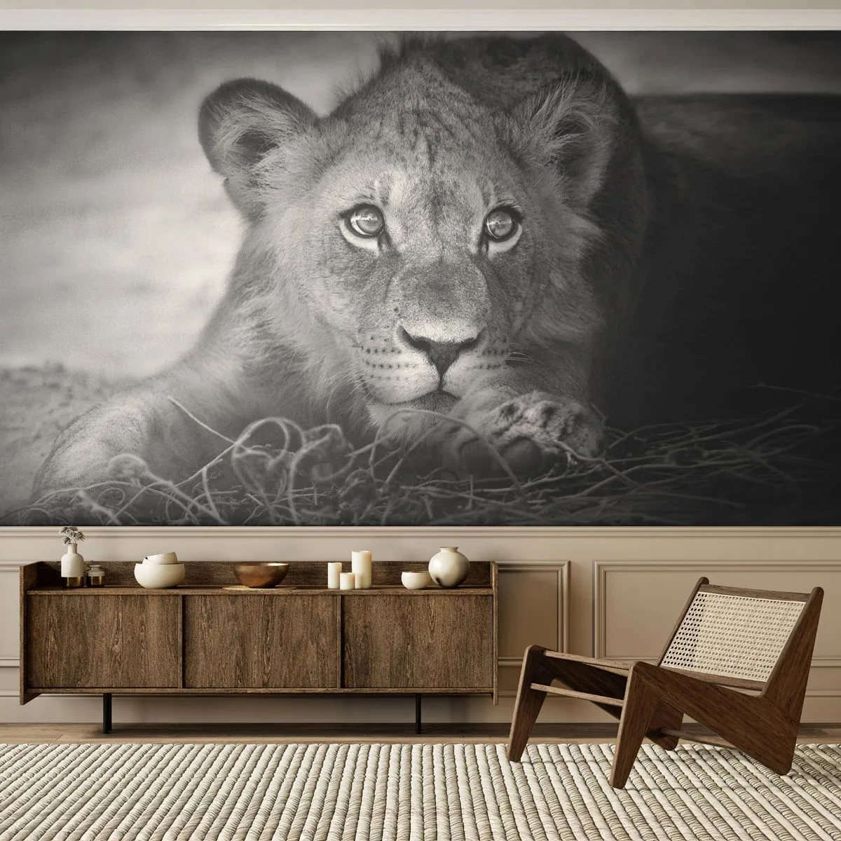 Fotomural Standard Eco - Un cachorro real - animales, León, En blanco y negro - 400x280 cm