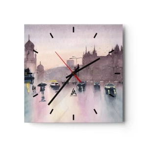Reloj de pared - Reloj de vidrio - Una calle de la ciudad al anochecer en estilo acuarela. - 30x30cm - En una niebla lluviosa - Decoración de pared moderna para salón y dormitorio ARTTOR