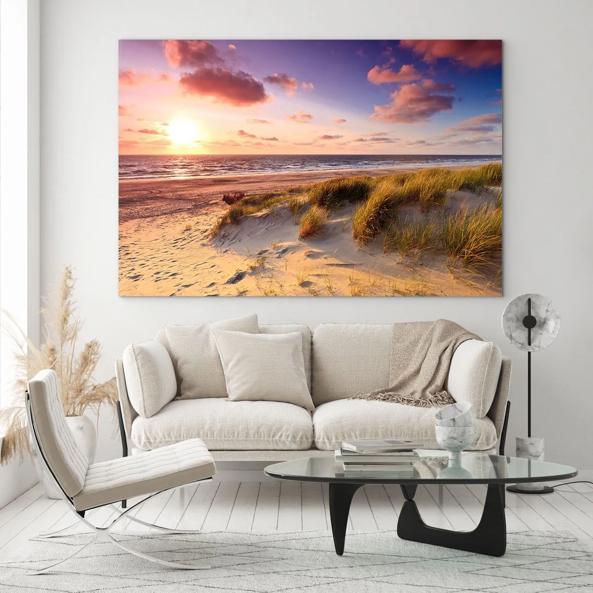 Cuadro sobre vidrio - Impresiones sobre Vidrio - Playa con dunas al atardecer - 120x80cm - Se siente la brisa veraniega - Decoración de pared moderna para salón y dormitorio ARTTOR