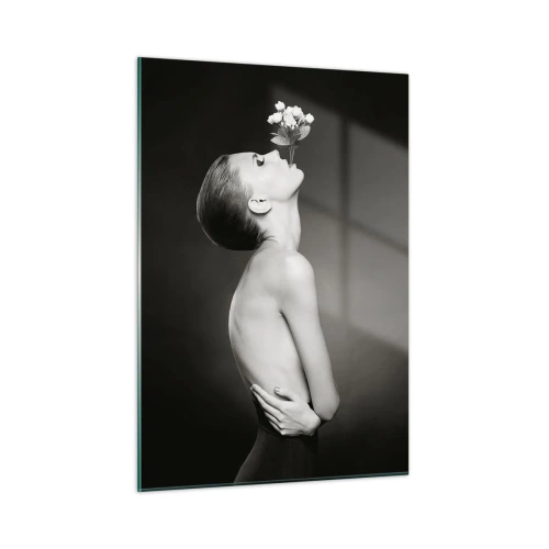 Cuadro sobre vidrio - Impresiones sobre Vidrio - Una mujer con una flor en la boca en un retrato en blanco y negro. - 50x70cm - Elegancia excéntrica - Decoración de pared moderna para salón y dormitorio ARTTOR