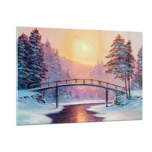 Cuadro sobre vidrio - Impresiones sobre Vidrio - Paisaje invernal con un puente sobre un río al atardecer - 120x80cm - Las cuatro estaciones: el invierno - Decoración de pared moderna para salón y dormitorio ARTTOR
