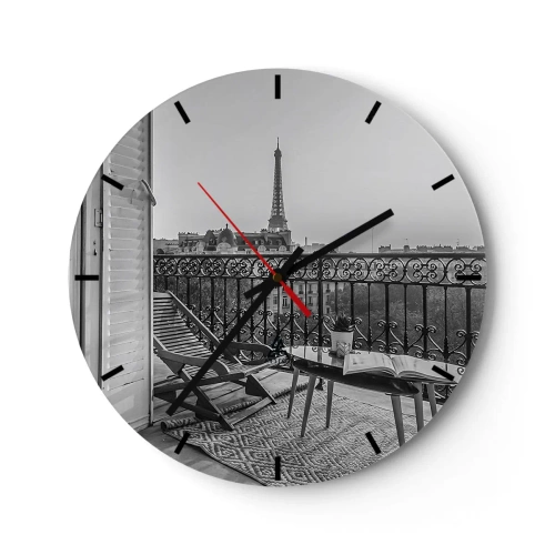 Reloj de pared - Reloj de vidrio - Vista desde el balcón de la Torre Eiffel en blanco y negro - 30x30cm - Una tarde parisina - Decoración de pared moderna para salón, cocina y dormitorio ARTTOR