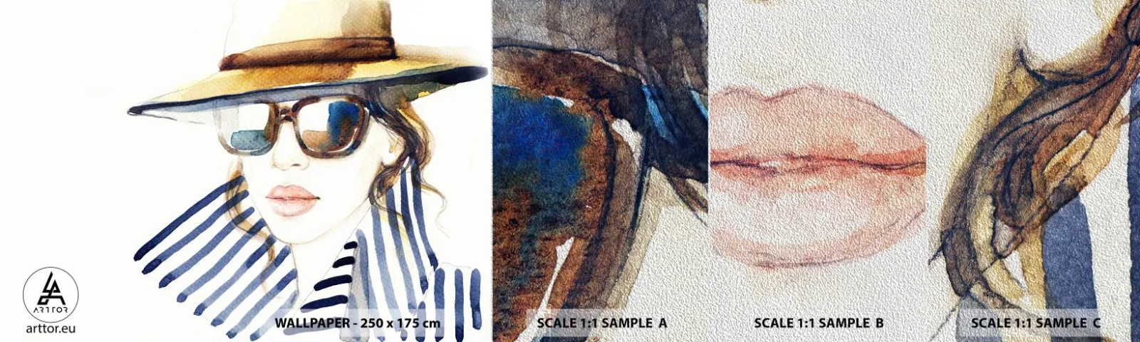 Muestra de fotomural Premium Sand - ¡Florida le da la bienvenida! - cara de mujer, retrato de una mujer, Moda - 100x30 cm