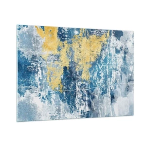 Cuadro sobre vidrio - Impresiones sobre Vidrio - Abstracción azul y amarilla con efecto desgastado y texturizado. - 100x70cm - Una abstracción serena - Decoración de pared moderna para salón y dormitorio ARTTOR