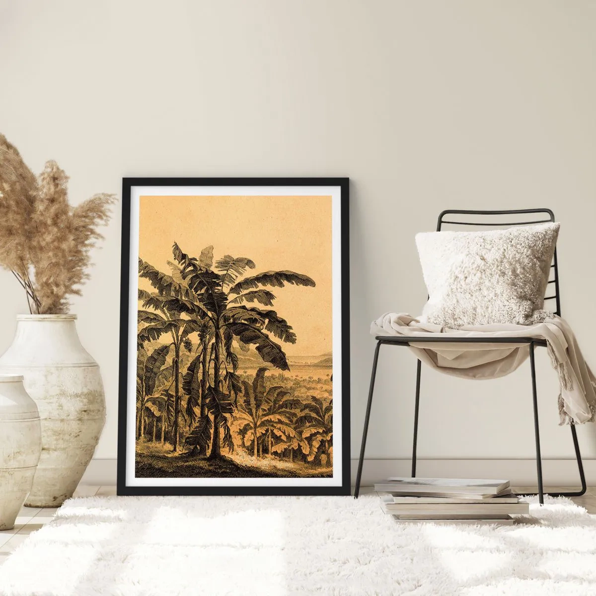 Póster en marco negro - Ilustración de palmeras sobre un fondo de paisaje tropical - 50x70cm - En un ambiente colonial - Decoración de pared moderna para salón y dormitorio ARTTOR