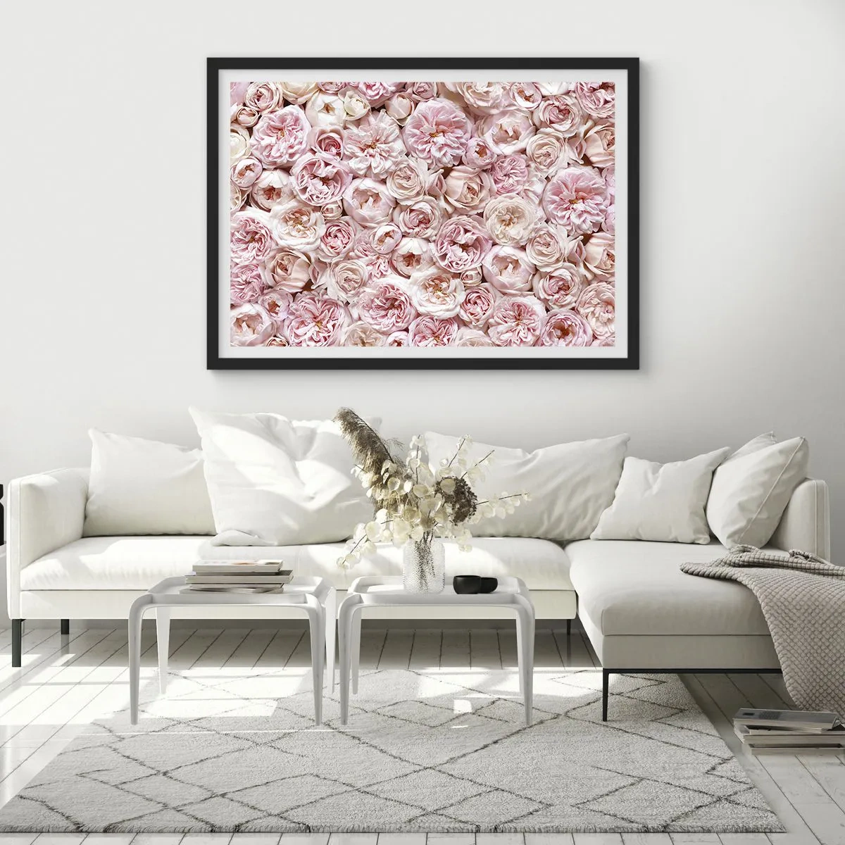 Póster en marco negro - Delicadas rosas en tonos rosa por toda la superficie. - 100x70cm - Salpicado de rosas - Decoración de pared moderna para salón y dormitorio ARTTOR
