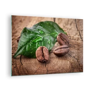 Cuadro sobre vidrio - Impresiones sobre Vidrio - Granos de café sobre un fondo de hojas y madera. - 70x50cm - El auténtico y negro - Decoración de pared moderna para salón y dormitorio ARTTOR