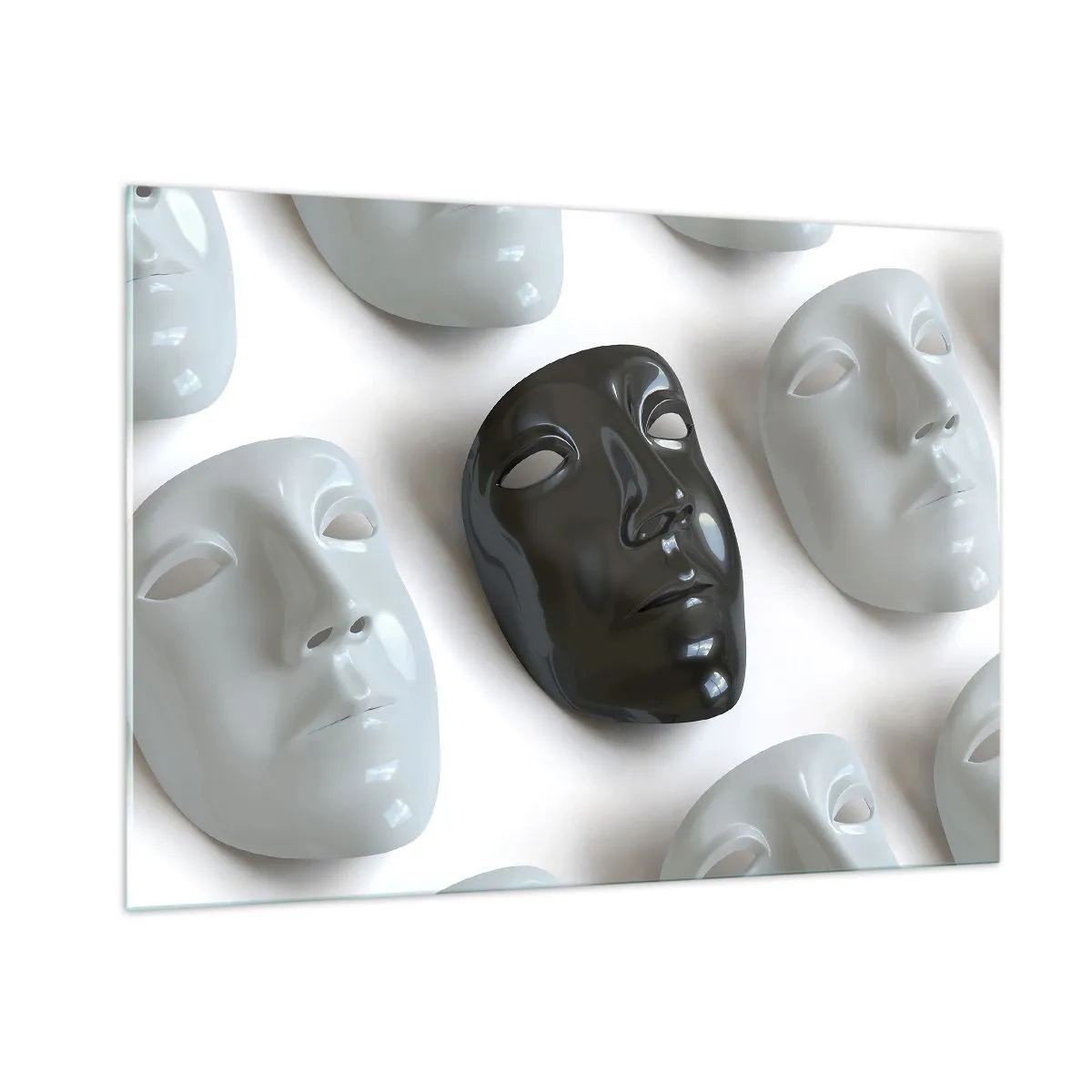 Cuadro sobre vidrio - Impresiones sobre Vidrio - Una máscara en blanco y negro sobre un fondo de máscaras blancas sobre un fondo claro. - 100x70cm - ¿Cómo destacar? - Decoración de pared moderna para salón y dormitorio ARTTOR