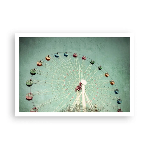 Póster - Una noria colorida contra un cielo azul en estilo retro. - 100x70cm - Te invitamos a jugar - Decoración de pared moderna para salón y dormitorio ARTTOR