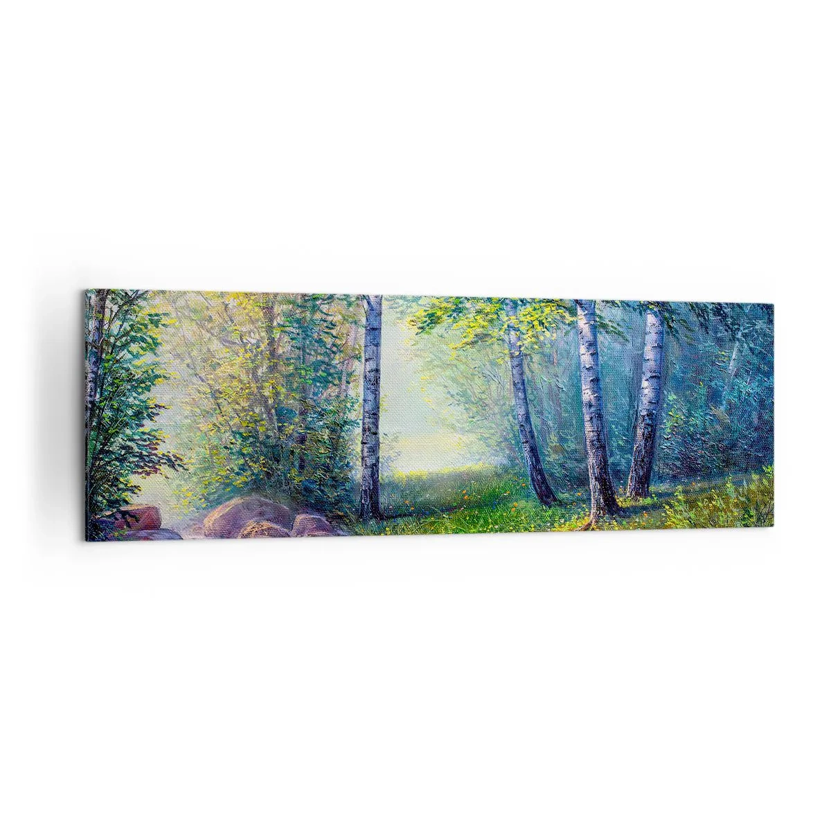 Cuadro sobre lienzo - Impresión de Imagen - Un arroyo forestal rodeado de abedules y sol. - 160x50cm - Paisaje idílico - Decoración de pared moderna para salón y dormitorio ARTTOR
