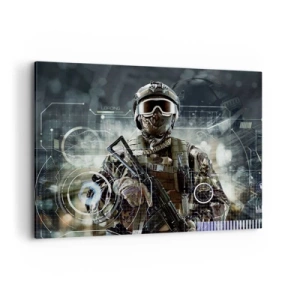 Cuadro sobre lienzo - Impresión de Imagen - Un soldado con un casco futurista y una pistola en un fondo de tecnología. - 100x70cm - De poder a poder - Decoración de pared moderna para salón y dormitorio ARTTOR