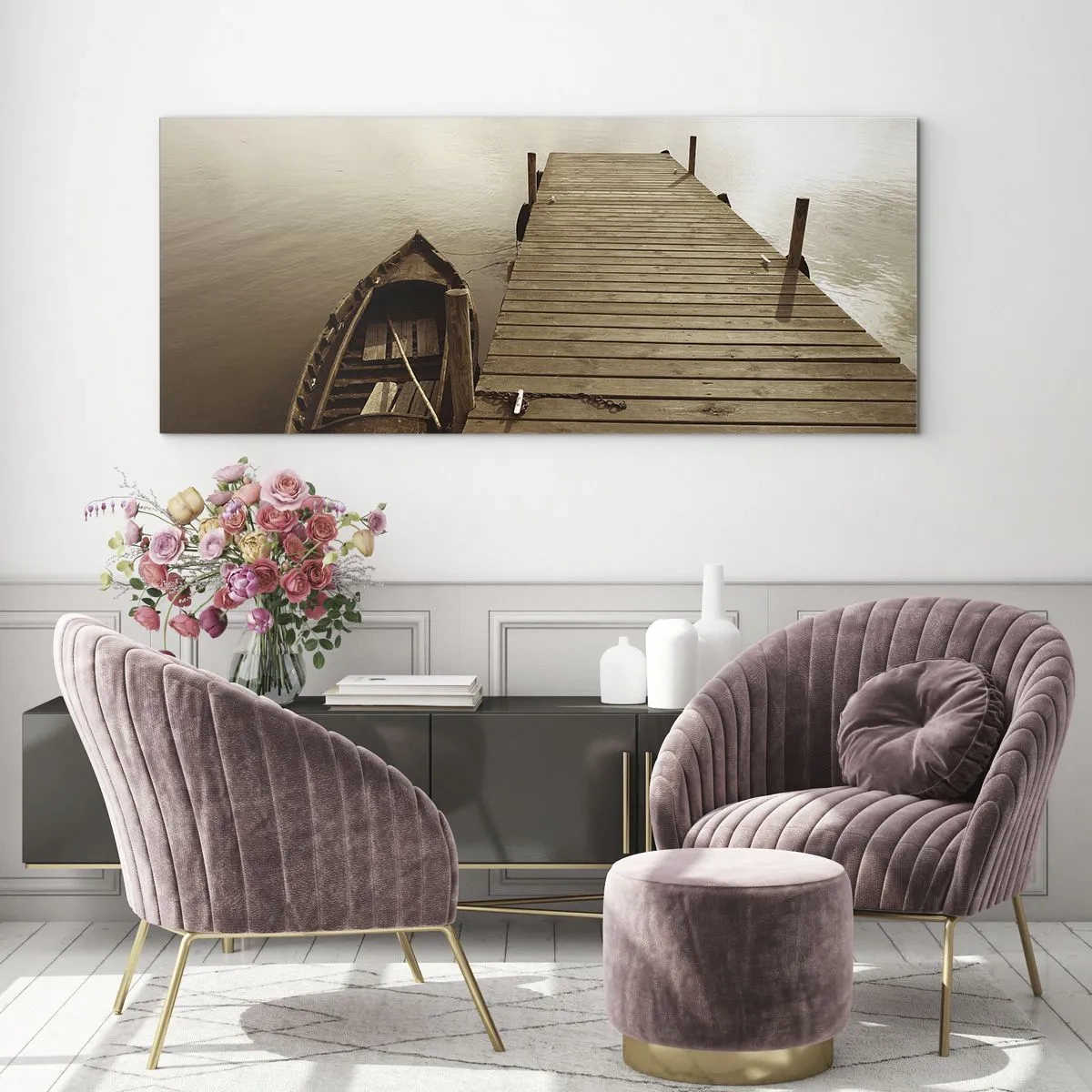 Cuadro sobre vidrio - Impresiones sobre Vidrio - Muelle de madera y barco en un lago tranquilo - 160x50cm - La auténtica paz - Decoración de pared moderna para salón y dormitorio ARTTOR