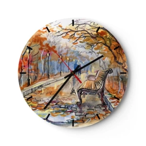 Reloj de pared - Reloj de vidrio - Parque otoñal con un banco en estilo acuarela - 30x30cm - Caminemos juntos hacia el otoño - Decoración de pared moderna para salón, cocina y dormitorio ARTTOR
