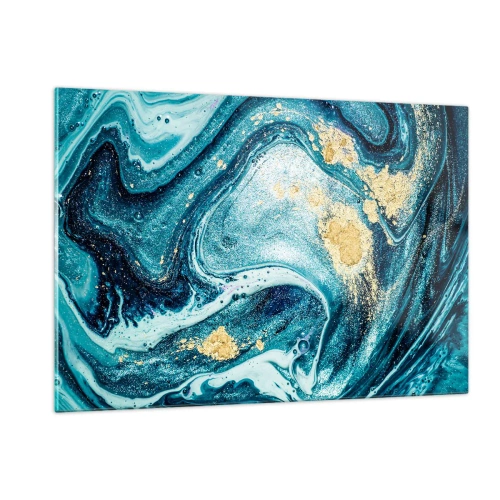 Cuadro sobre vidrio - Impresiones sobre Vidrio - Remolinos abstractos en tonos turquesa y dorado. - 120x80cm - Vórtice azul - Decoración de pared moderna para salón y dormitorio ARTTOR