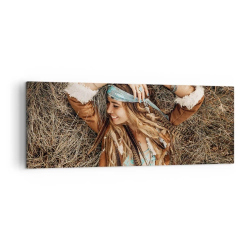 Cuadro sobre lienzo - Impresión de Imagen - Mujer de estilo boho tumbada sobre el heno - 140x50cm - El verano del amor - Decoración de pared moderna para salón y dormitorio ARTTOR