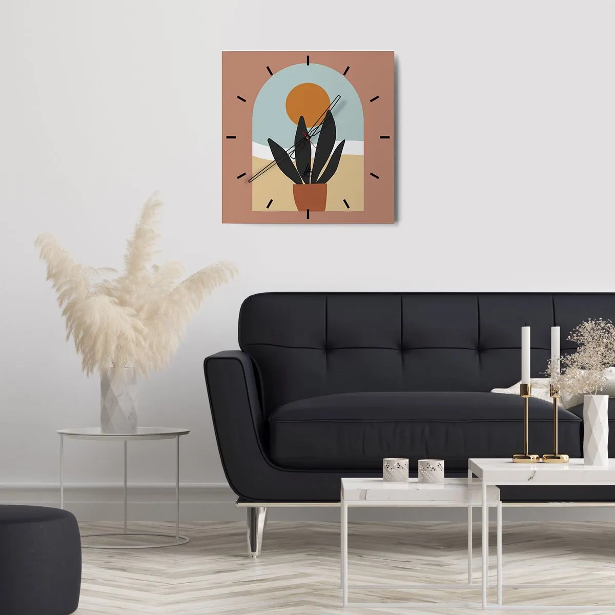 Reloj de pared - Reloj de vidrio - Una planta negra en una maceta contra el sol. - 30x30cm - Pequeñas alegrías - Decoración de pared moderna para salón y dormitorio ARTTOR