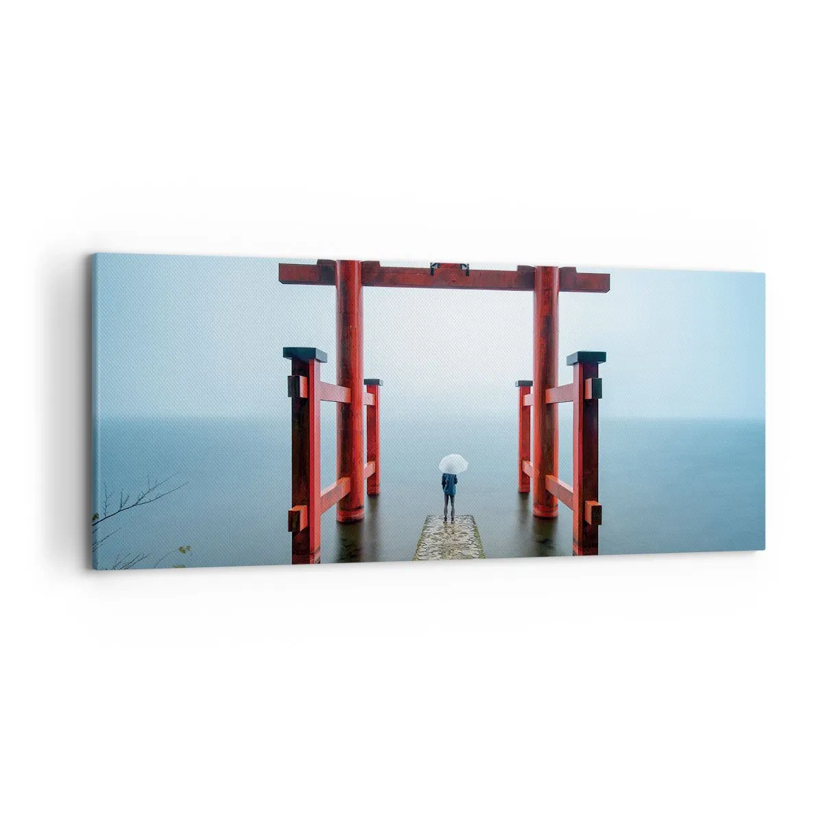 Cuadro sobre lienzo - Impresión de Imagen - Una puerta torii con vistas a un lago tranquilo en Japón - 120x50cm - Ensueño japonés - Decoración de pared moderna para salón y dormitorio ARTTOR
