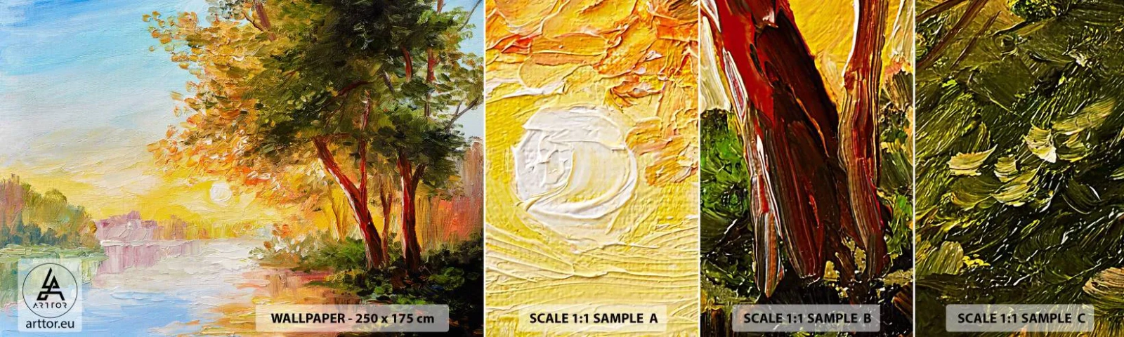 Muestra de fotomural autoadhesivo Deluxe Sticker - Ensueño - Paisaje, Río, Rayos del sol - 100x30 cm