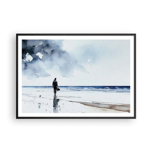 Póster en marco negro - Una figura en una playa en un entorno de mar tranquilo. - 100x70cm - Conversación con el mar - Decoración de pared moderna para salón y dormitorio ARTTOR