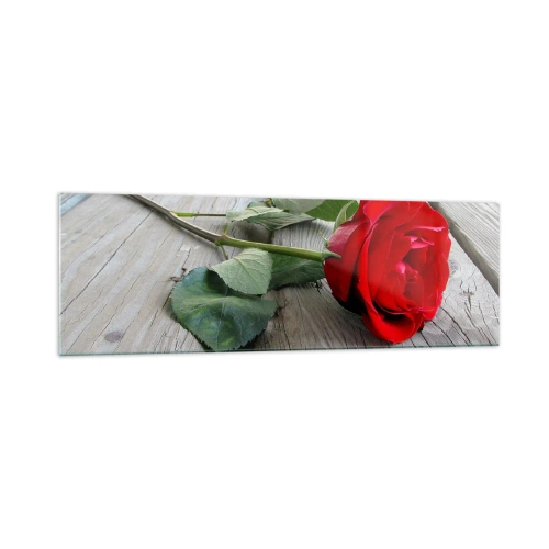 Cuadro sobre vidrio - Impresiones sobre Vidrio - Rosa roja sobre un fondo de madera - 160x50cm - Estudio en escarlata - Decoración de pared moderna para salón y dormitorio ARTTOR