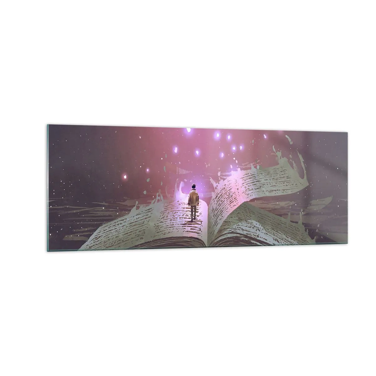 Cuadro sobre vidrio - Impresiones sobre Vidrio - Una figura pisa un libro abierto bajo una luz mágica. - 140x50cm - Una invitación a otro mundo - Decoración de pared moderna para salón y dormitorio ARTTOR